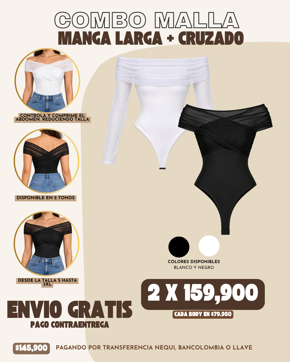 PACK X 2 COMBO REDUCTOR MALLA : MANGA LARGA + CRUZADO