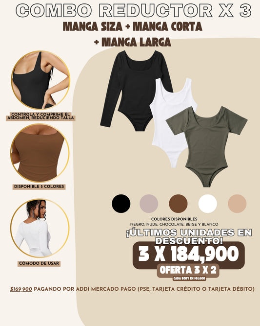 3 x 2 COMBO REDUCTOR : MANGA SIZA + MANGA CORTA + MANGA LARGA